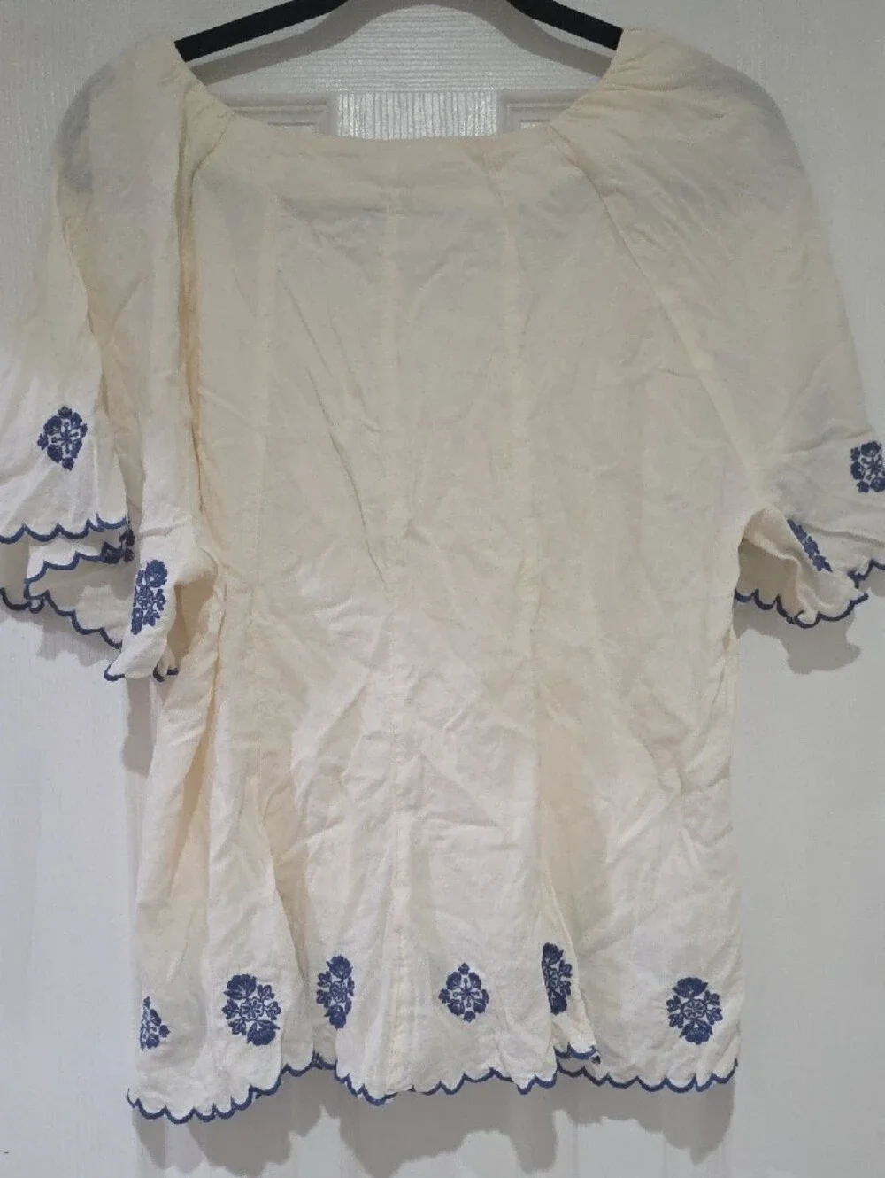 Old Navy Cream Peasant Blouse with Blue Floral Embroidery